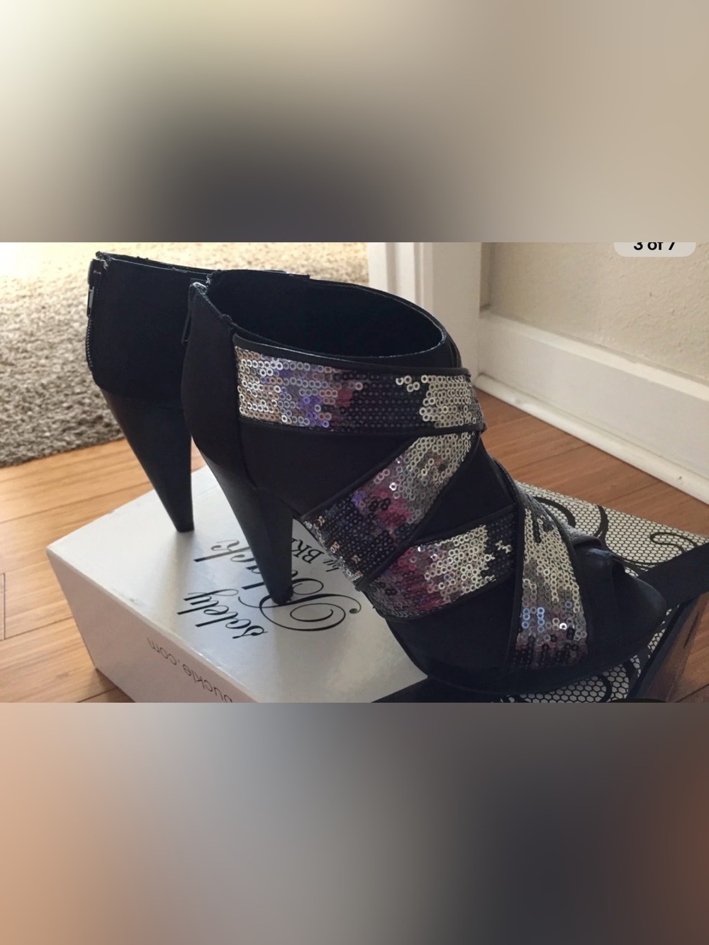 NIB BKE Black Sequin Strappy Peep-Toe Ankle Heels - Picture 3 of 6